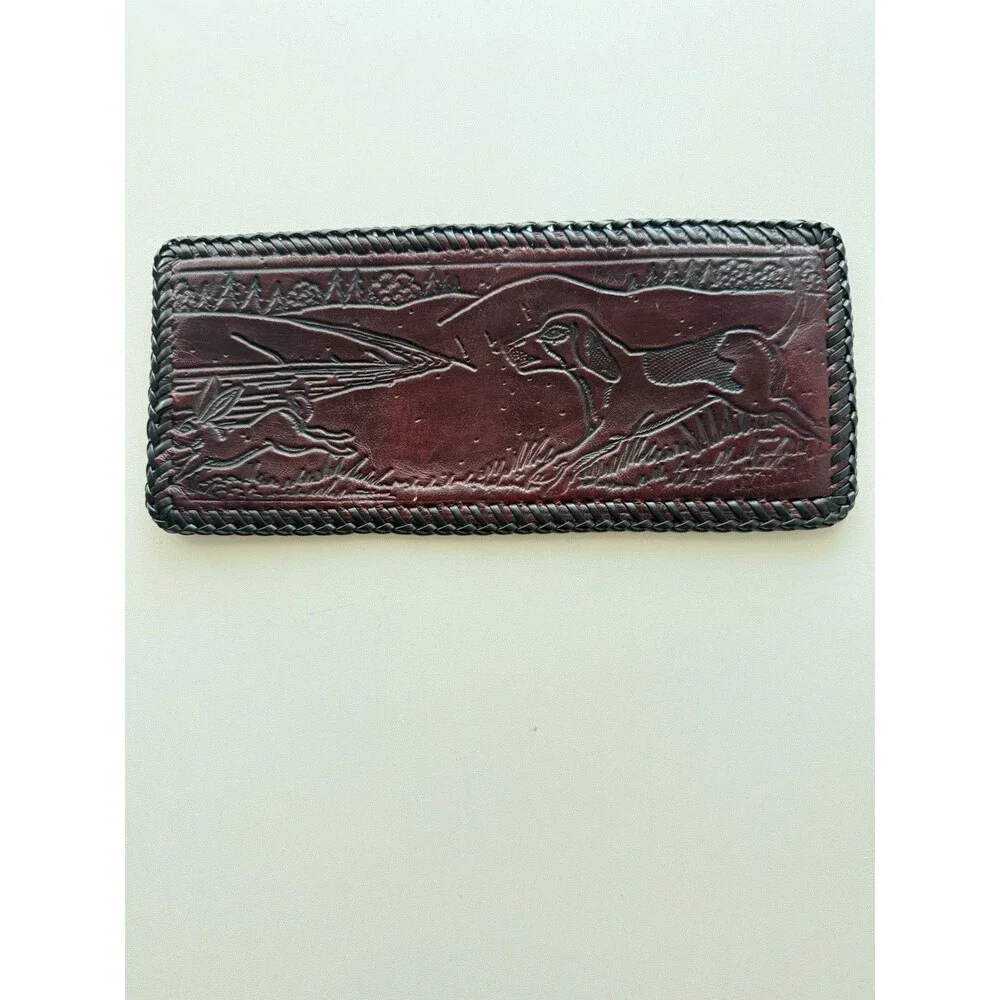 Vintage Hand Tooled Leather Billfold Wallet hunting dog bunny rabbit trifold